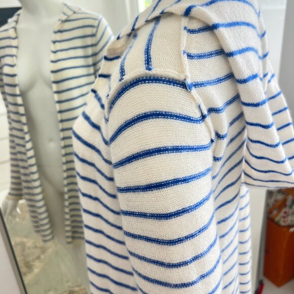 Sea Cashmere White w/Blue Stripe Open Cardigan with Hoodie SZ S - Picture 7 of 10